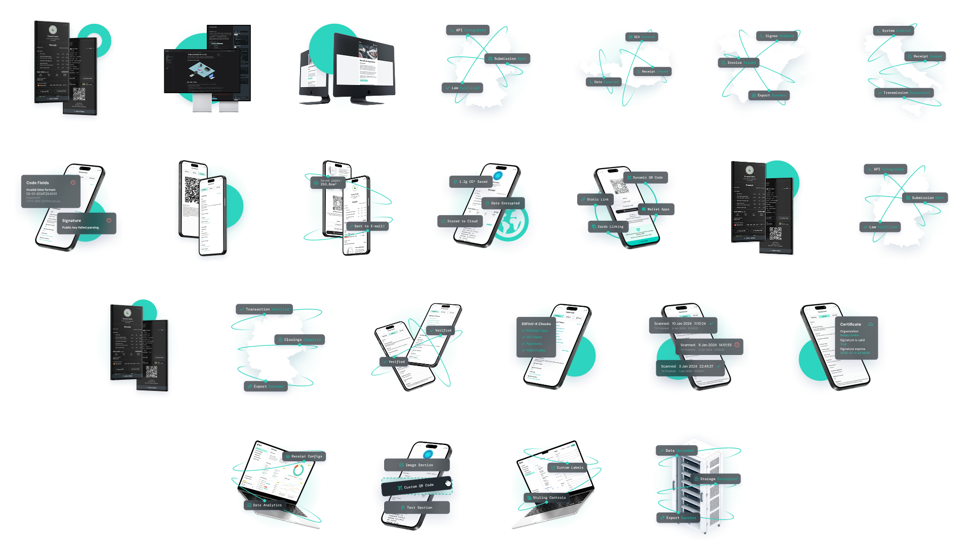 Collection of 3D illustrations for fiskaly fiscalization products featuring mobile devices, maps, and compliance visuals
